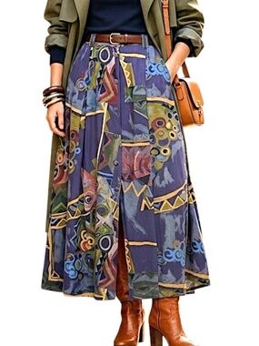 Vintage 80s 90s purple blue geometric print button front pleated maxi skirt